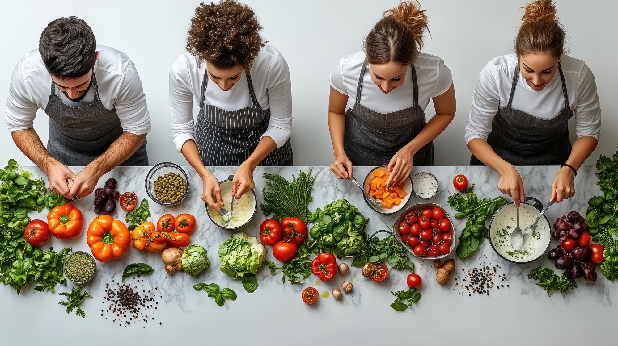Küchenatelier mit Team beim Präparieren von Gemüse